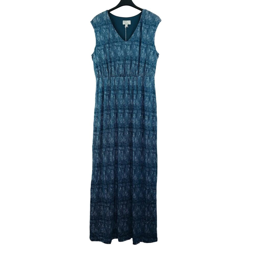 Ryllace Womens 1X Dress Blue White Grid Pattern Sleeveless Maxi Blouson Plus NWT